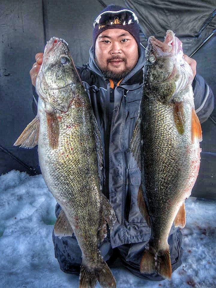 Mike Steinke holding two walleye inside an ice shelter